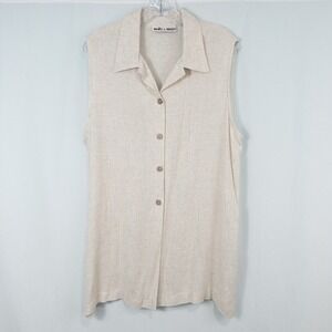 Molly‎ & Maxx Rayon Linen Sleeveless Button Up Top Large Oatmeal Beach Coastal
